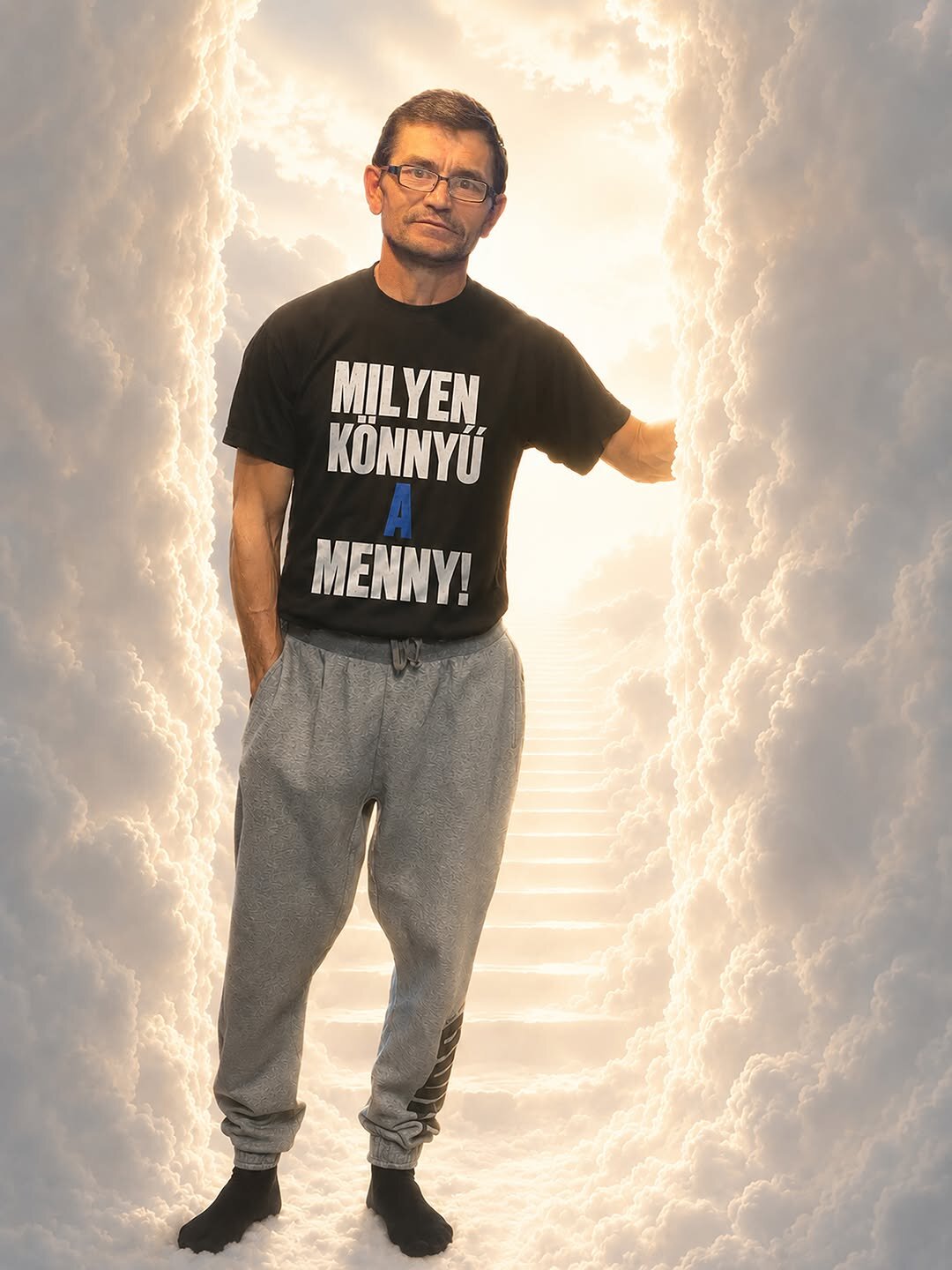 Mies seisoo pilvien välissä valoa kohti nousevien portaiden edessä, paidassa runon säe: Milyen könnyű a menny!